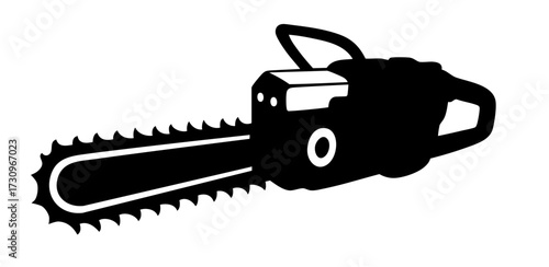 Chainsaw silhouette with long sharp blade, tool for cutting wood, horror and danger