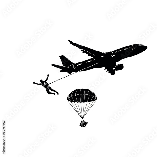 Vector image of skydiving from airplane with parachute and human figure transparent background also white background 