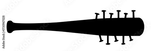 Baseball bat with nails silhouette, brutal melee weapon, danger and street fight
