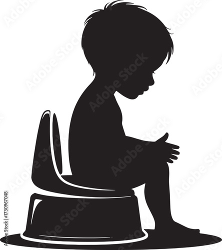 Black silhouette of a child sitting on a potty chair looking down potty training toilet training