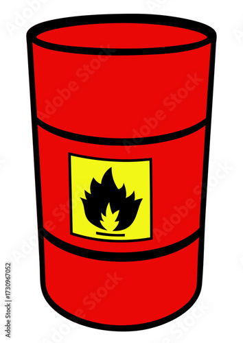 Red barrel with flammable sign, industrial container for dangerous liquid or fuel