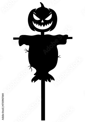 Pumpkin head scarecrow with stuffed body and sinister smile, halloween decoration figure
