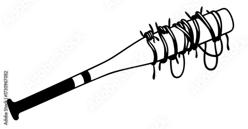 Baseball bat wrapped with barbed wire, brutal melee weapon symbol of survival, post-apocalyptic combat and street defense