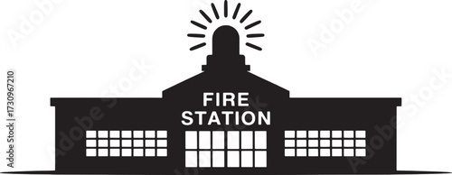 Black silhouette of a fire station building with a flashing light and windows black and white emergency services