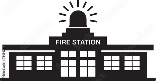 Black silhouette of a fire station building with a siren light and windows black and white