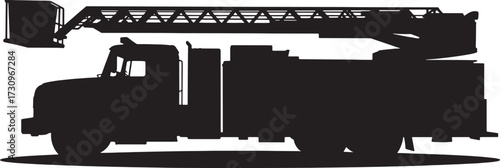 Black silhouette of a fire truck with an extended ladder and basket ladder truck fire engine
