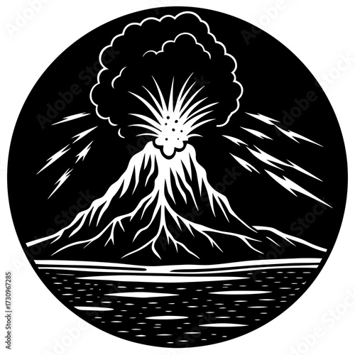Volcanic Eruption Silhouette with Lava Flow Entering the Ocean