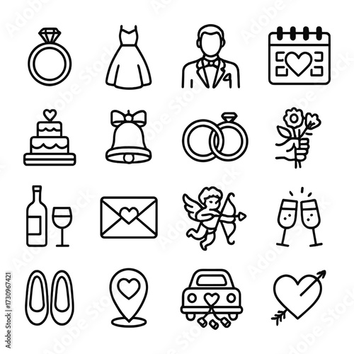 Wedding celebration icons collection. Outline symbols. Line design