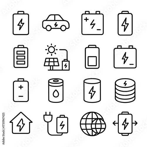 Energy storage and battery icons set. Outline symbols. Line design