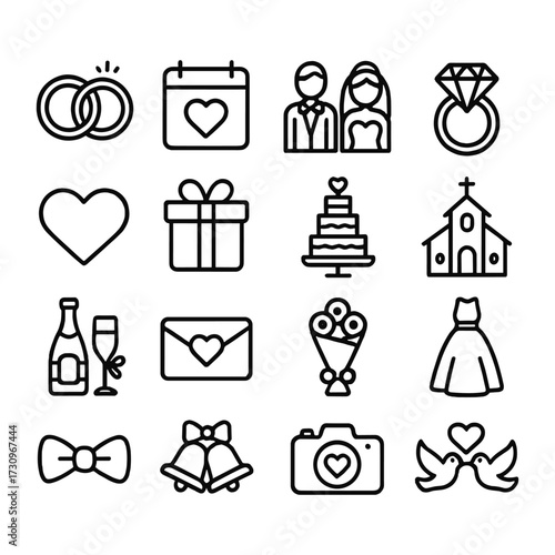 Marriage ceremony vector icons set. Outline symbols. Line design