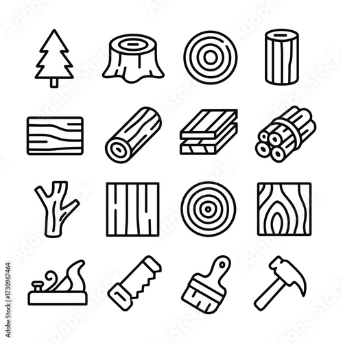 Wood material and grain pattern icons. Outline symbols. Line design