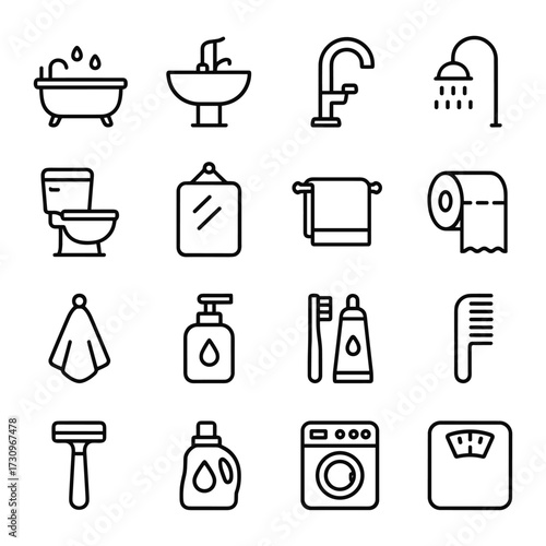 Bathroom fixtures and accessories vector icons. Outline symbols. Line design