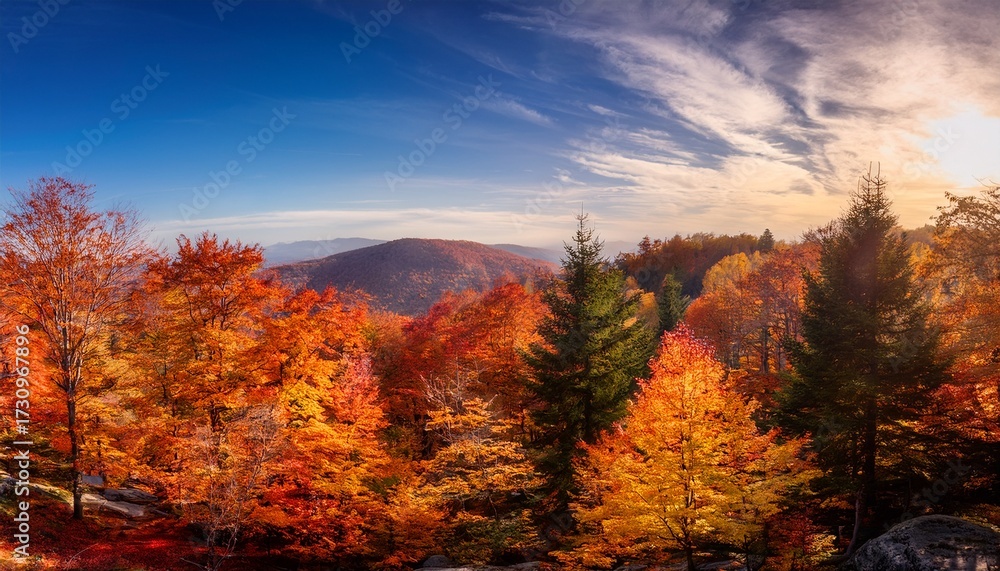 Fototapeta premium Vibrant Autumn Landscape Featuring Golden And Red Trees Amidst A Serene Forest Setting