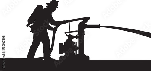 Black silhouette of a firefighter operating a water pump with a hose black and white