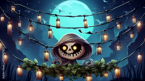 halloween night scene.  cute cartoon grim reaper or skull character with glowing eyes peeking out from a vine garland and halloween string lights under a full moon and bats.. Helloween 