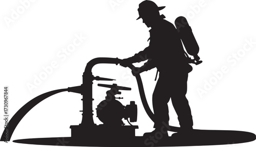 Black silhouette of a firefighter operating a pump with a hose and tank black and white