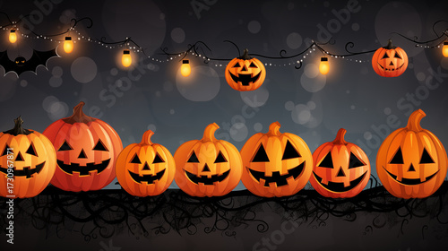 halloween pumpkin background.  row of smiling and spooky jack-o'-lanterns on tangled branches with halloween string lights and bats against a dark and bokeh background, vector illustration. Helloween 
