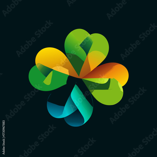Modern abstract four-leaf clover design with colorful gradient overlapping shapes on a dark background, vibrant graphic illustration.