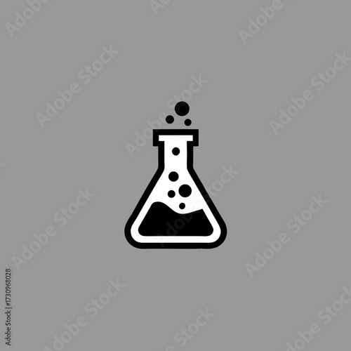Minimalist lab flask icon with effervescent liquid and bubbles. Scientific chemistry experiment symbol for education and discovery.
