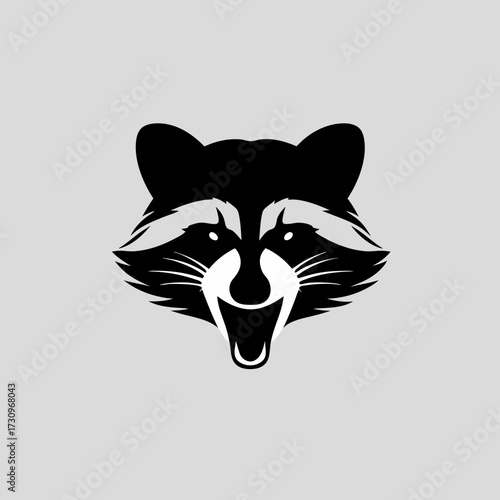 Abstract black and white raccoon face logo design, stylized wild animal head graphic with open mouth, mascot illustration.