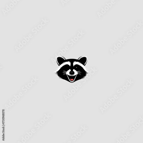 Cute and happy stylized raccoon head illustration with a cheerful smile, black and white graphic icon vector art