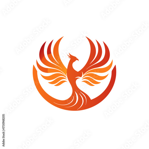 Vibrant Phoenix Bird Symbol with Fiery Wings in Circular Shape. Abstract Mythical Firebird Vector Icon Representing Rebirth, Power, and Strength.