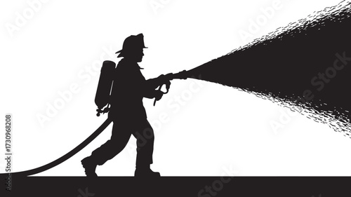 Black silhouette of a firefighter spraying water from a hose with a backpack tank black and white