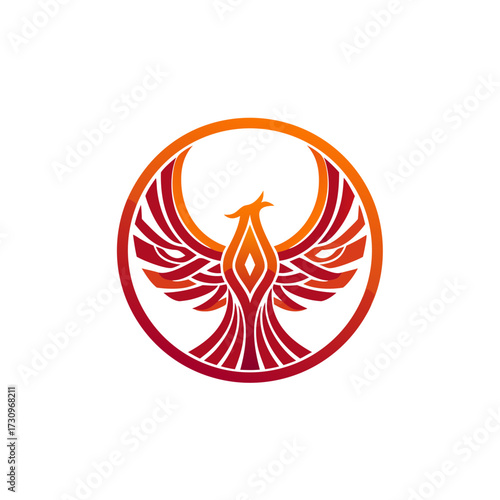 Majestic mythical phoenix bird logo icon in a circular design with vibrant fiery red and orange colors, symbolizing strength and rebirth