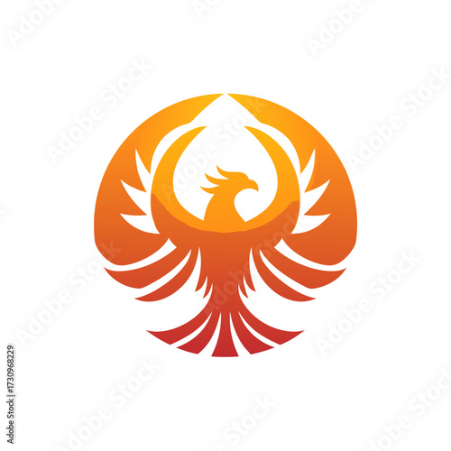 Modern gradient phoenix bird icon in vibrant orange and yellow. Mythological symbol of rebirth, strength, power, and freedom with outstretched wings.