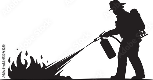 Black silhouette of a firefighter spraying water on flames with a fire extinguisher extinguishing