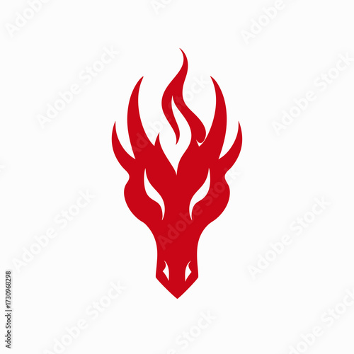 Striking red dragon head logo design with fiery flame elements, a powerful mythical creature symbol and abstract graphic icon