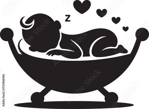 Black silhouette of a sleeping baby in a cradle with hearts and zzz vector