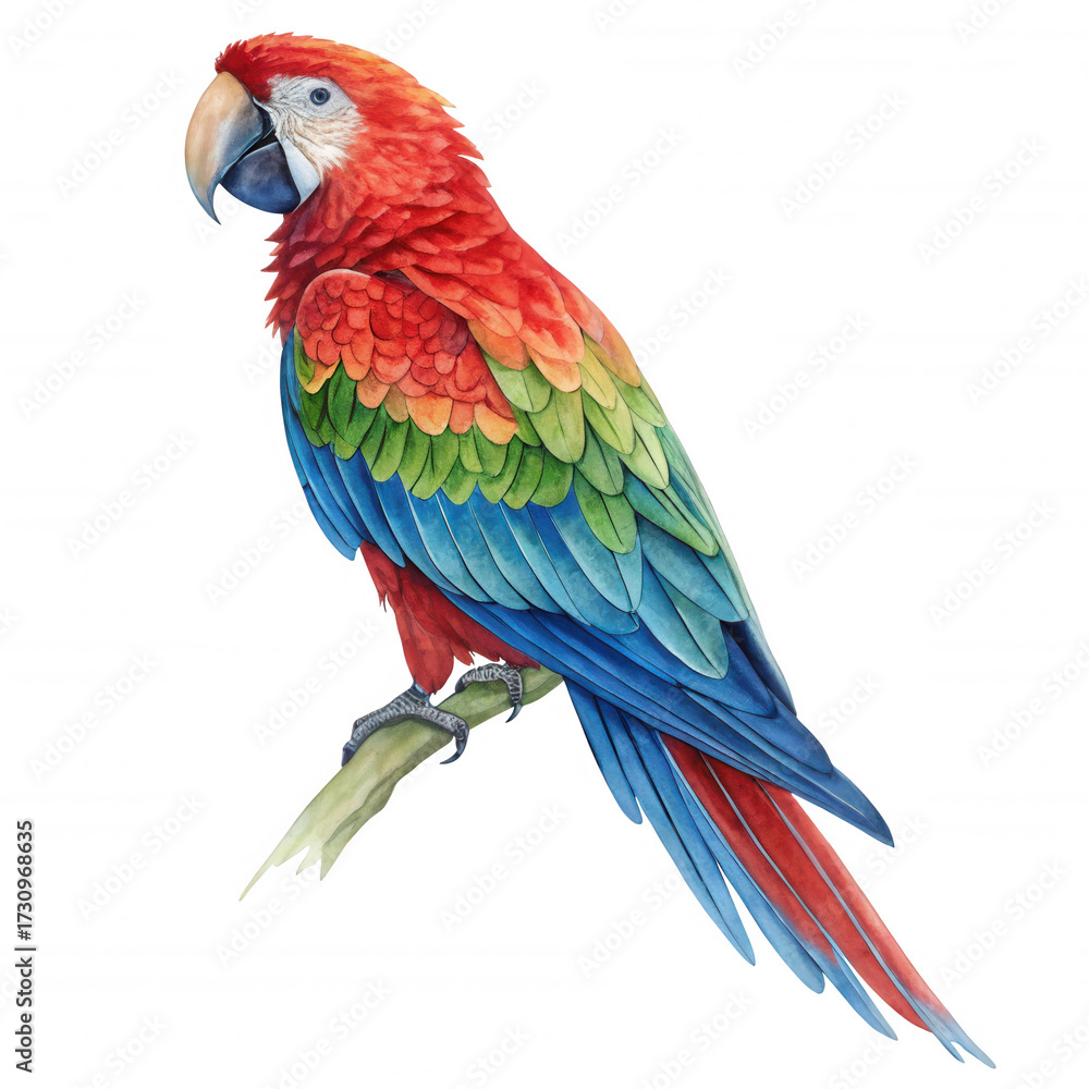 Obraz premium Vibrant Scarlet Macaw Perched on a Branch, transparent background Isolated on Black Background