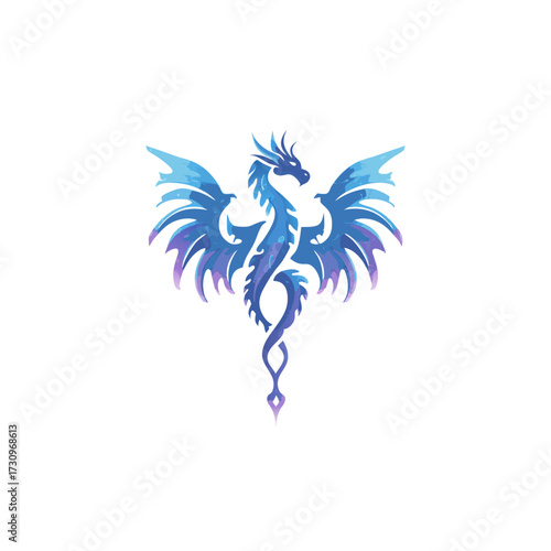 Vibrant watercolor dragon illustration with majestic wings, featuring cool blue and purple gradient hues, a mythical fantasy creature design.