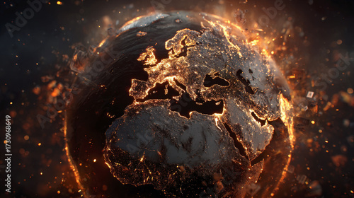 planet earth, primarily showing Europe and Africa, with city lights intensely glowing in a fiery orange and gold, suggesting a global emergency, energy consumption, or the digitization of the world