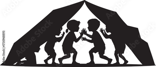 Black silhouette of children playing under a tent structure kids shelter