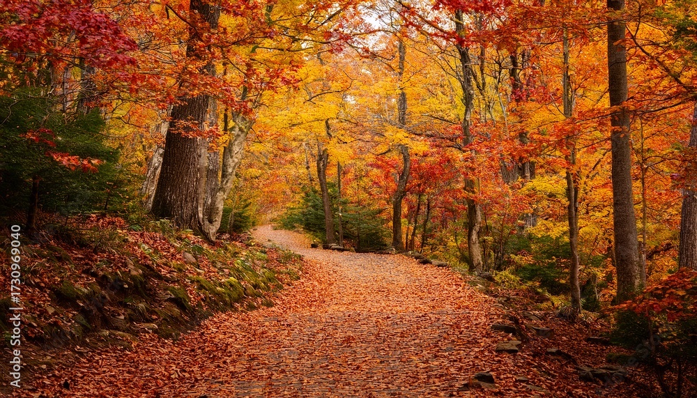 Fototapeta premium Autumnal Trail The Image Shows A Winding Path Leading Through A Colorful Autumn Forest With Leaves Scattered And A Sense Of Tranquility