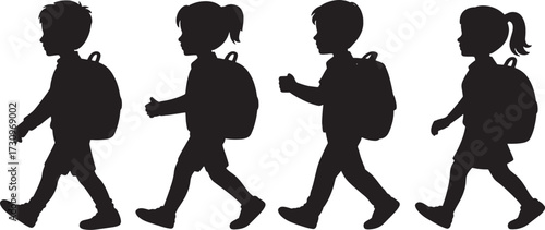 Four black silhouette children walking with backpacks vector