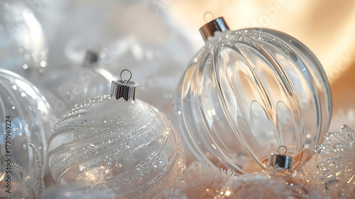 Clear glass Christmas ornaments on snowy fluff