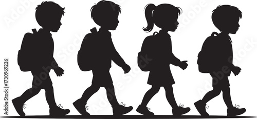 Four children silhouettes walking with backpacks on white background kids school 1
