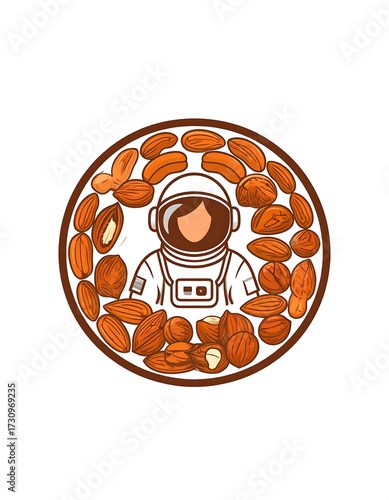 Round emblem with astronaut and nuts