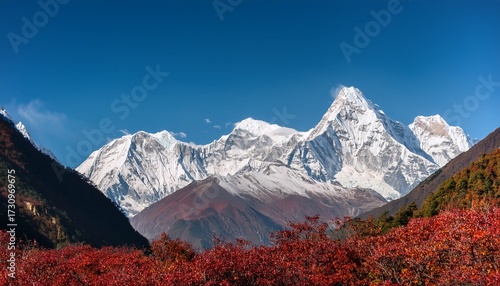 Snowy Mountain Massif With Ganesh Himal And Manaslu Himal Range In Background And Red Vegetation In Foreground Himalayas Langtang Nepal