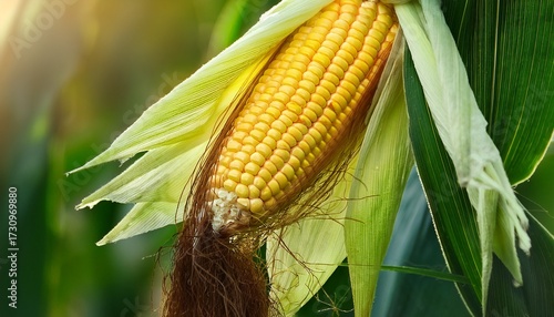 Ripe Corn Cob With Bright Yellow Kernels And Silk In Green Leaves Shallow Depth Of Field