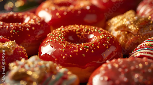 Red and green glazed donuts close-up