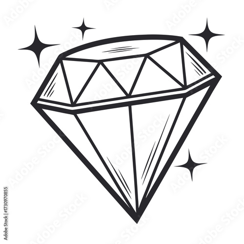 Hand-drawn brilliant cut diamond icon with sparkles. Black and white vector graphic of a precious gemstone isolated on a white background