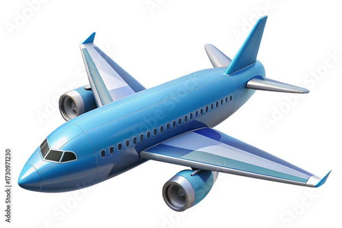 Illustration of a blue passenger airplane flying, isolated on transparent background, showcasing its design and aerodynamics in a cartoon style