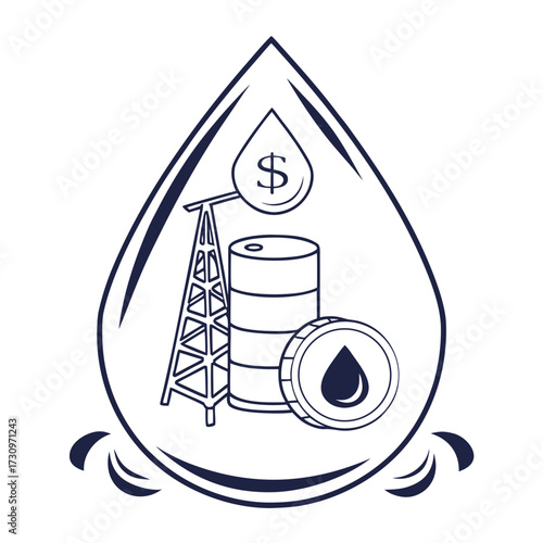 Line art illustration of the petroleum industry, featuring an oil derrick, barrel, and financial symbols within a drop