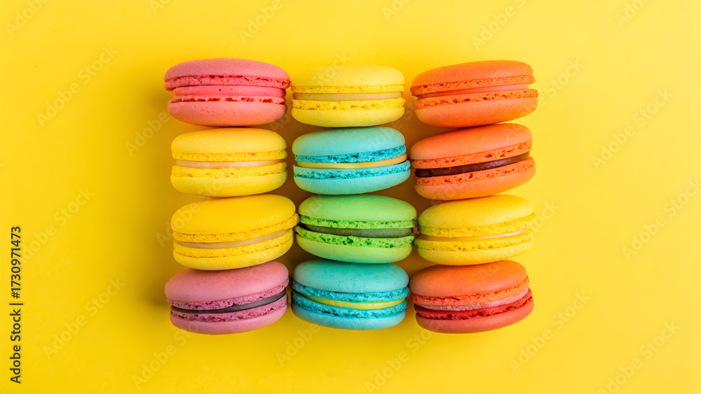 Fototapeta premium A rainbow-colored macaron arrangement on a bright yellow background.