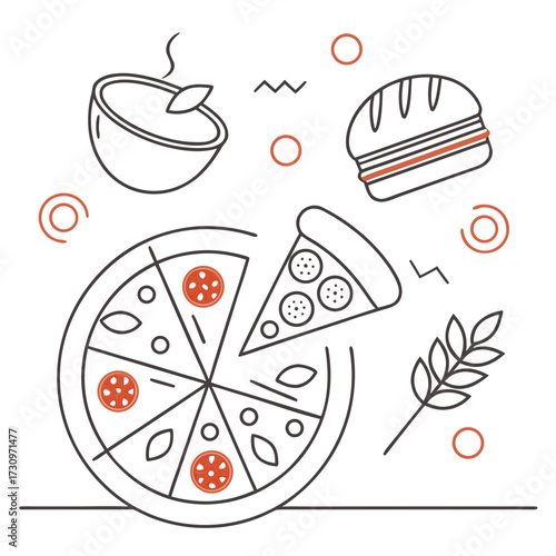 Delicious Italian pizza, tasty burger, and fresh salad with wheat stalks, modern flat line art illustration representing fast food and healthy eating concepts