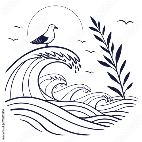 Seagull perched on a cresting wave against a backdrop of a stylized sun and coastal foliage, evoking a serene maritime scene